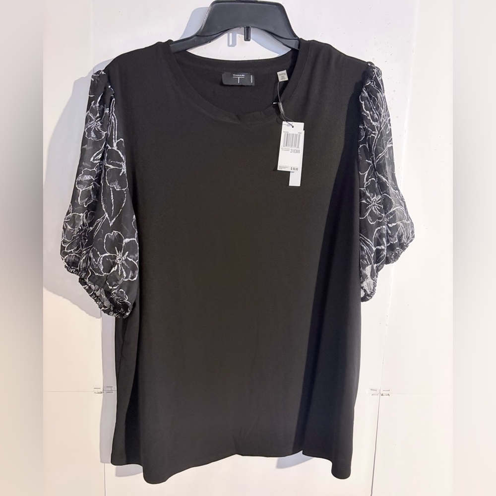 T Tahari Black Top with Sheer Floral Sleeves